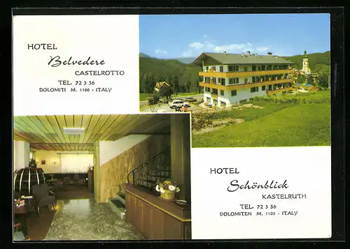 AK Kastelruth, Hotel Schönblick mit Innenansicht