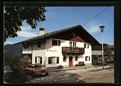 AK Kastelruth, Haus Silvester mit Auto und Balkonen