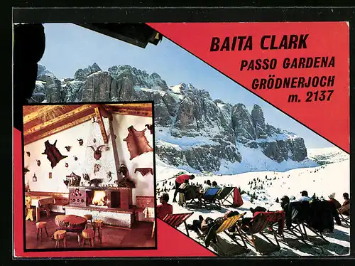 AK Passo Gardena, Baita Clark am Grödnerjoch mit Innenansicht