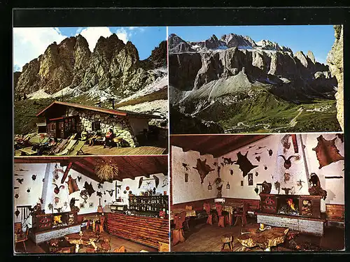 AK Passo Gardena, Baita Clark mit Dolomiten und Innenansichten