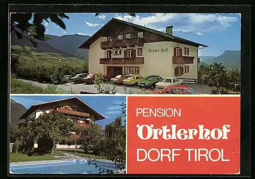 AK Dorf Tirol /Meran, Pension Örtlerhof in der Lingstrasse 26 mit Pool