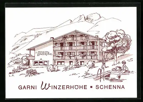 Künstler-AK Schenna /Meran, Garni Winzerhöhe mit Schwimmbad