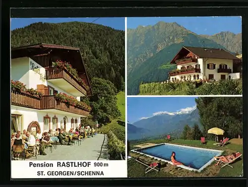 AK St. Georgen /Schenna, Pension Rastlhof mit Schwimmbecken und Sonnenterrassen