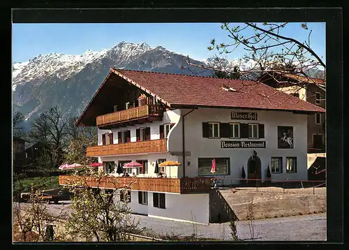 AK St. Georgen b. Schenna, Pension-Restaurant Moser-Hof mit Bergpanorama