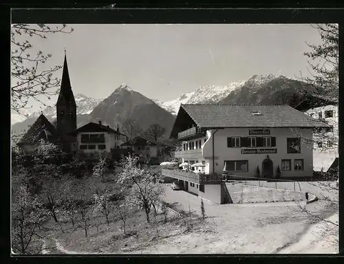 AK St. Georgen /Schenna, Pension Restaurant Moser-Hof mit Bergpanorama