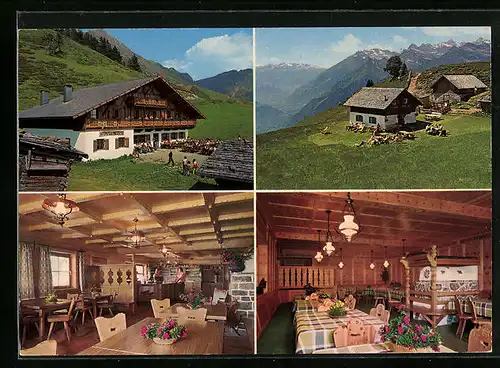 AK Schenna, Stafell-Hütte mit Innenansichten und Speisesaal