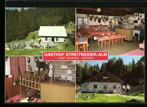 AK Schenna, Gasthof Streitweider-Alm mit Innenansichten des Speisesaals