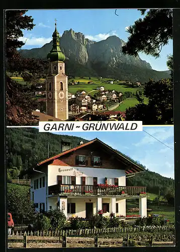 AK Kastelruth, Pension Garni Grünwald, Ortsansicht mit Kirche