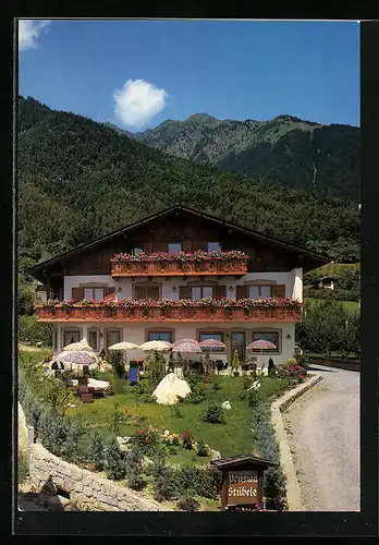 AK Dorf Tirol bei Meran, Pension Stübele aus der Vogelschau