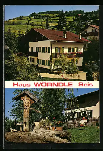 AK Seis am Schlern, Pension Haus Wörndle, Garten mit Holzfigur