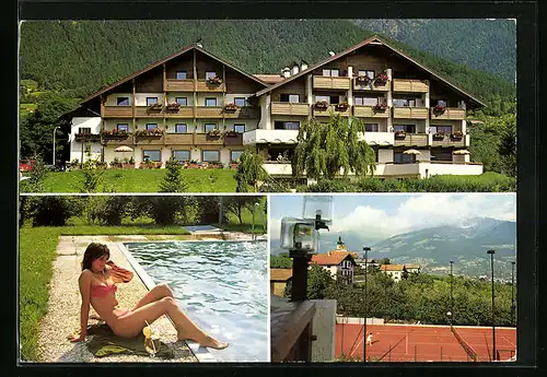 AK Dorf Tirol, Hotel Ruipacherhof, Seminarstrasse 11, Tennisplatz, Hübsche Frau im Bikini