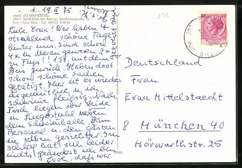 AK Schenna b. Meran, Hotel Starkenberg, Verdinserstrasse 10