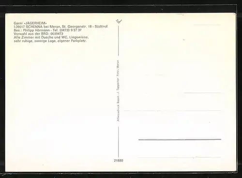 AK Schenna b. Meran, Hotel Garni Jägerheim, St. Georgenstrasse 18