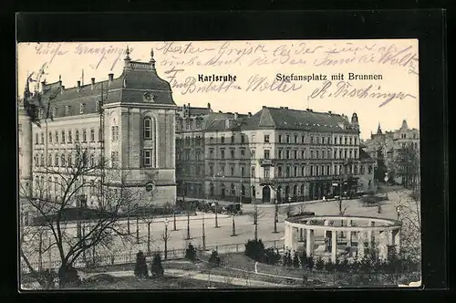 AK Karlsruhe, Stefansplatz mit Brunnen