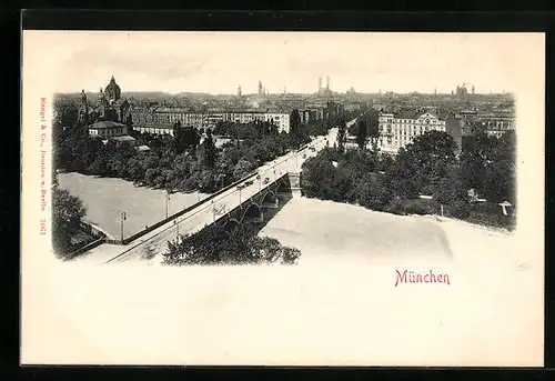 AK München, Uferpartie mit Brücke