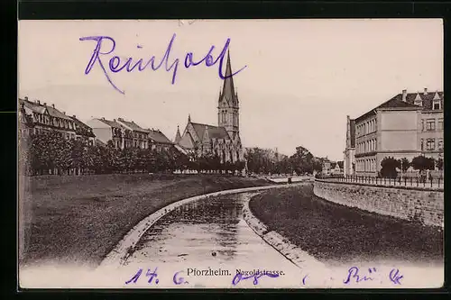 AK Pforzheim, Partie an der Nagoldstrasse, Kirche