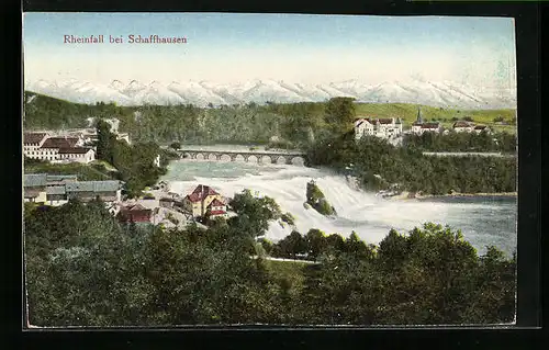 AK Schaffhausen, Panorama mit Rheinfall und Alpen