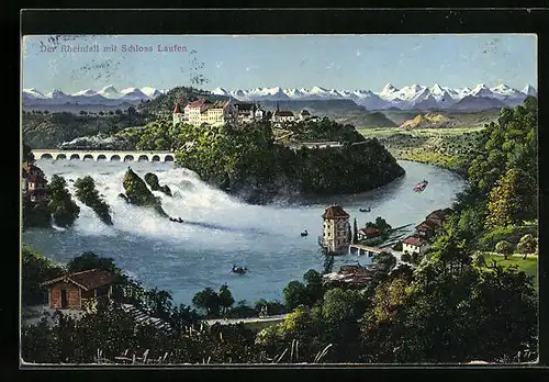 AK Rheinfall und Schloss Laufen gegen die Alpen