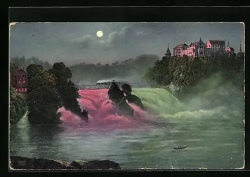 AK Rheinfall und Schloss Laufen bei Nacht und Illumination