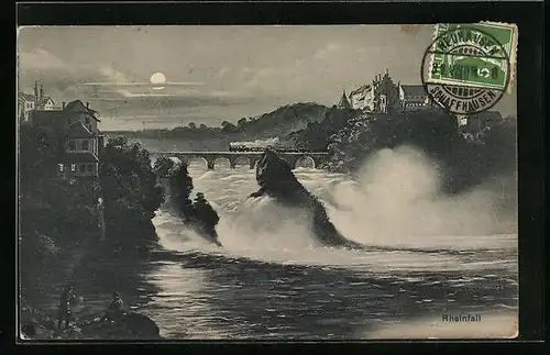 AK Rheinfall und Schloss Laufen bei Nacht
