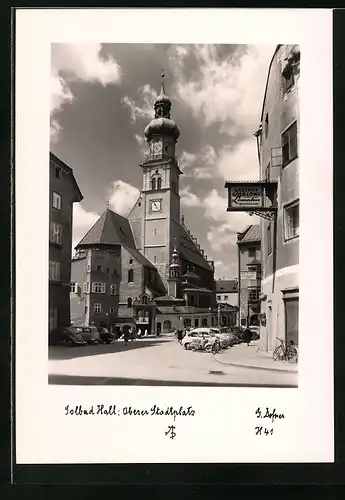 Foto-AK Adalbert Defner: Bad Hall, Oberer Stadtplatz mit Gasthof Goldener Löwe