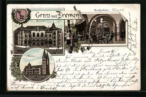Lithographie Bremen, Börse, Rathskeller, Dom