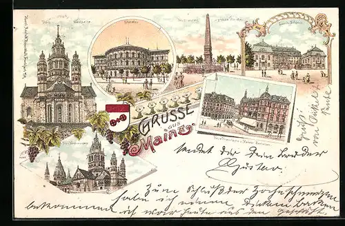 Lithographie Mainz, Dom, Neubrunnen, Neue Rheinische und Mainzer Bierhallen, Wappen