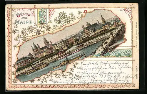 Lithographie Mainz, Partie am Ufer, Dampfer