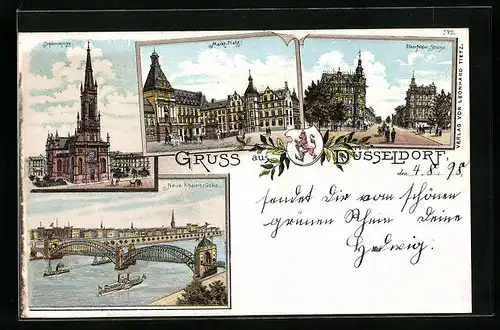 Lithographie Düsseldorf, Neue Rheinbrücke, Johanniskirche