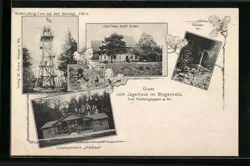 AK Trechtingshausen, Gasthof Jägerhaus im Bingerwald, Wasserfall, Unterkunftshalle Waldhaus