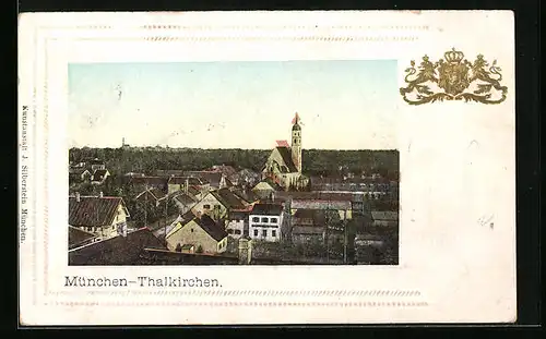 Präge-AK München-Thalkirchen, Ortspartie aus der Vogelschau, goldenes Wappen