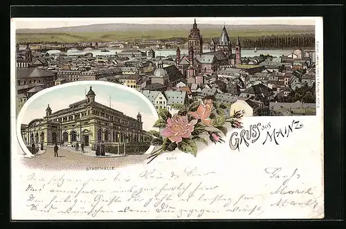 Lithographie Mainz, Totalansicht, Stadthalle