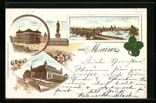 Lithographie Mainz, Schiller-Denkmal, Theater, Stadthalle