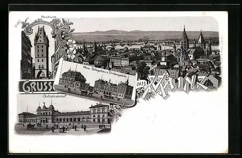 Lithographie Mainz, Centralbahnhof, Neues Zolllagerhaus, Direktionsgebäude