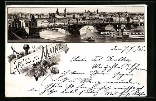 AK Mainz, Partie an der Brücke, Dampfer