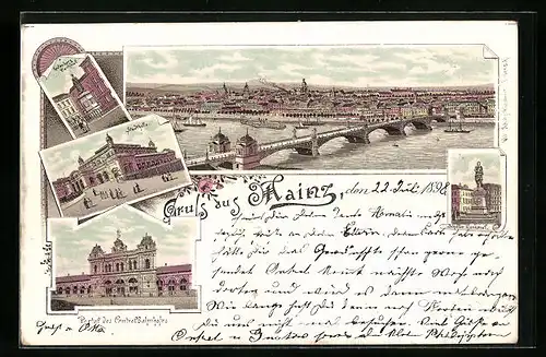 Lithographie Mainz, Uferpartie, Portal des Zentralbahnhofs, Schiller-Denkmal, Stadthalle