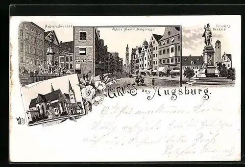 Lithographie Augsburg, Augustusbrunnen, Domkirche, Friedens-Denkmal