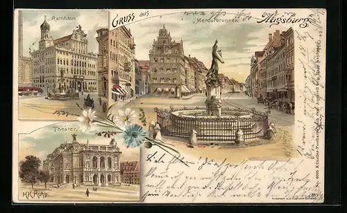 Lithographie Augsburg, Rathaus, Theater, Mercurbrunnen