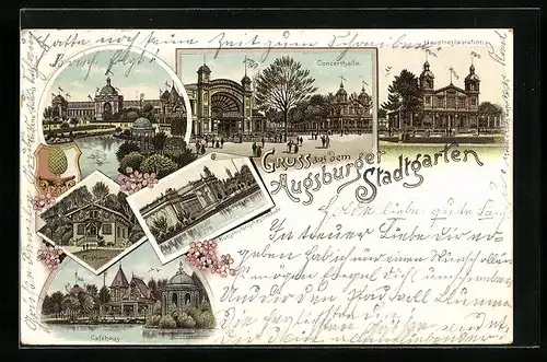 Lithographie Augsburg, Stadtgarten mit Hauptrestauration und Concerthalle