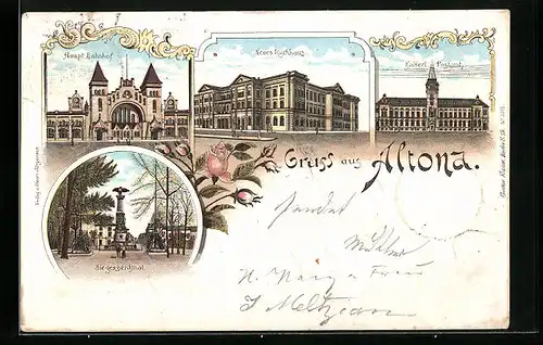 Lithographie Hamburg-Altona, Neues Rathaus, Hauptbahnhof, Kaiserl. Postamt