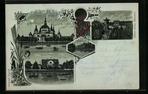 Mondschein-Lithographie Bremen, Parkhaus mit See, Meierei und Meiereigarten