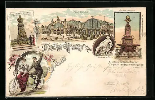 Lithographie Frankfurt a. M., Hauptbahnhof, Stoltze-Denkmal und Kaiser Wilhelm-Denkmal