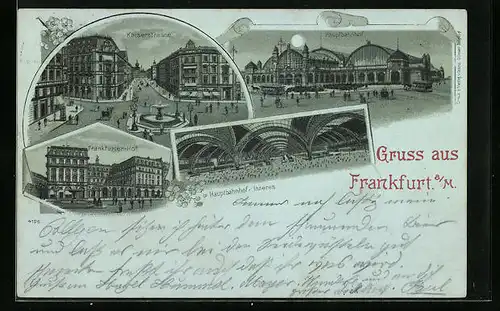 Mondschein-Lithographie Frankfurt a. M., Kaiserstrasse, Hauptbahnhof und Hotel Frankfurter Hof