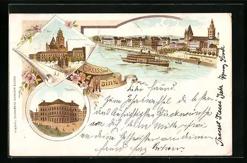 Lithographie Mainz, Dom mit Gutenberg-Denkmal und Theater