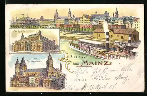 Lithographie Mainz, Anleger mit Dampfschiff, Stadthalle und Dom