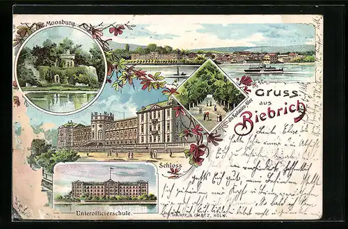 Lithographie Biebrich, Moosburg, Schloss und Unterofficiersschule