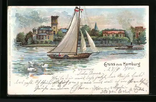 Lithographie Hamburg, Segelschiff und Dampfer vor Uhlenhorst, Glitter