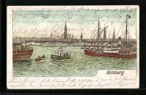 Lithographie Hamburg, Hafenpartie mit Segelschiff und Barkasse