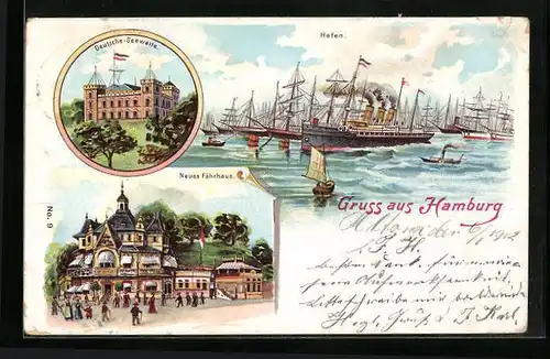 Lithographie Hamburg, Hafen, Deutsche Seewarte, Neues Fährhaus