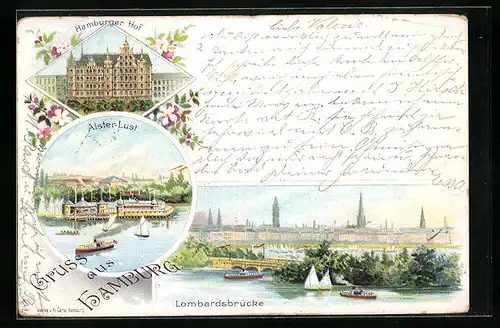 Lithographie Hamburg-Neustadt, Hotel Hamburger Hof, Alster-Lust, Teilansicht mit Lombardsbrücke